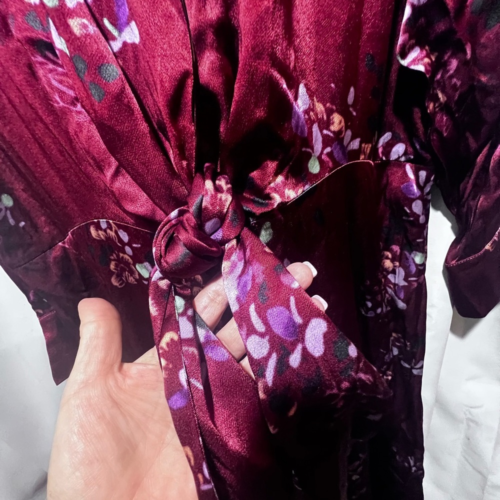 Vince Silk Floral Tie Waist Shirt Dress Burgundy Long Sleeve NWT 1X - Picture 5 of 10